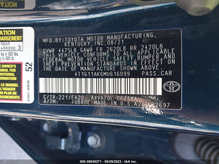 2021 TOYOTA CAMRY SE - 4T1G11AK6MU616099