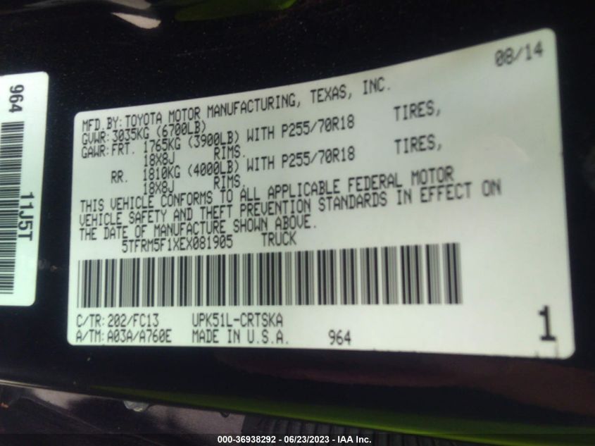2014 TOYOTA TUNDRA 2WD TRUCK SR/SR5 - 5TFRM5F1XEX081905