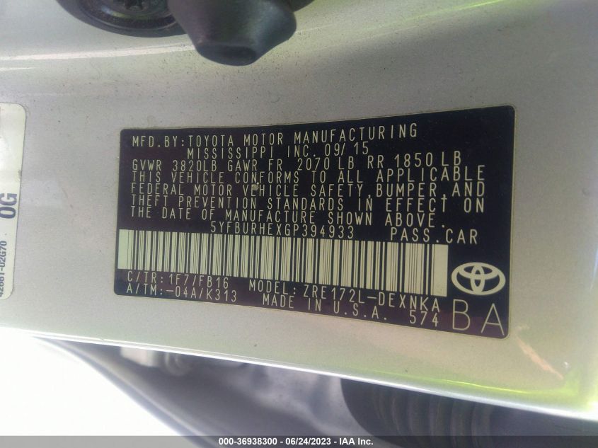 2016 TOYOTA COROLLA L/LE/S/S PLUS/LE PLUS - 5YFBURHEXGP394933