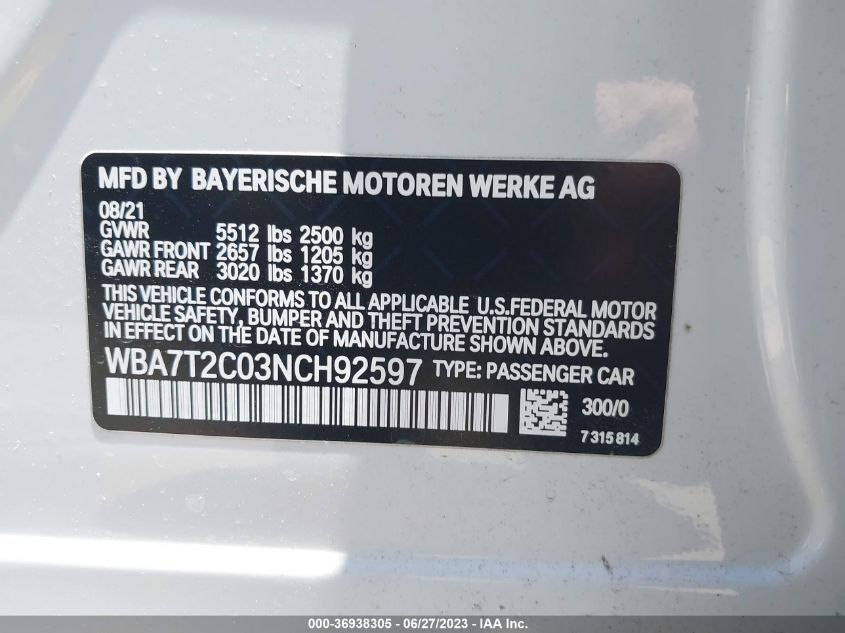 2022 BMW 7 SERIES 740I - WBA7T2C03NCH92597