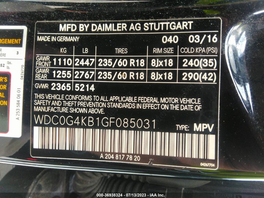 2016 MERCEDES-BENZ GLC GLC 300 - WDC0G4KB1GF085031