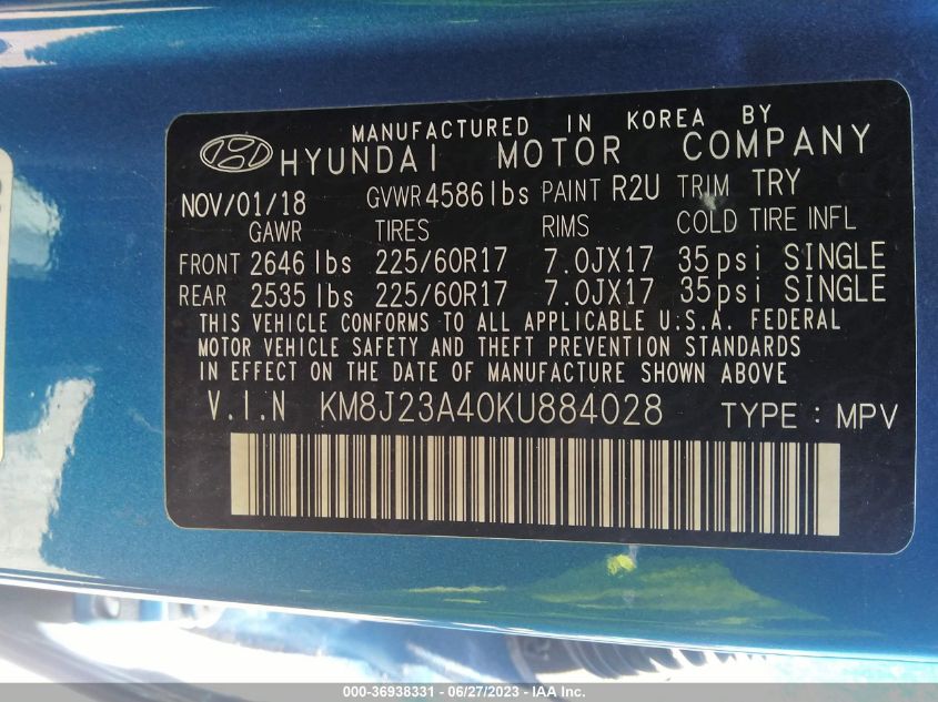 2019 HYUNDAI TUCSON SE - KM8J23A40KU884028