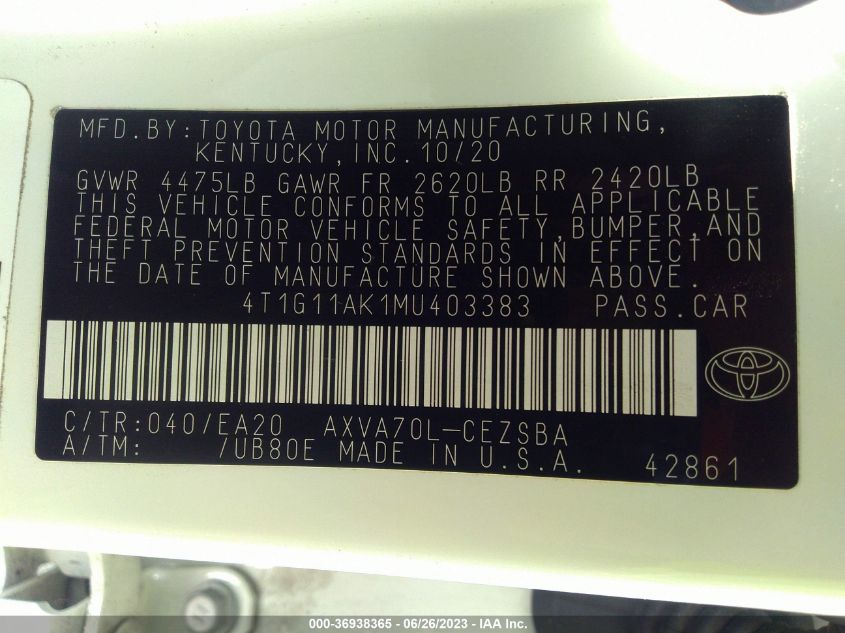 2021 TOYOTA CAMRY SE/SE NIGHT SHADE - 4T1G11AK1MU403383