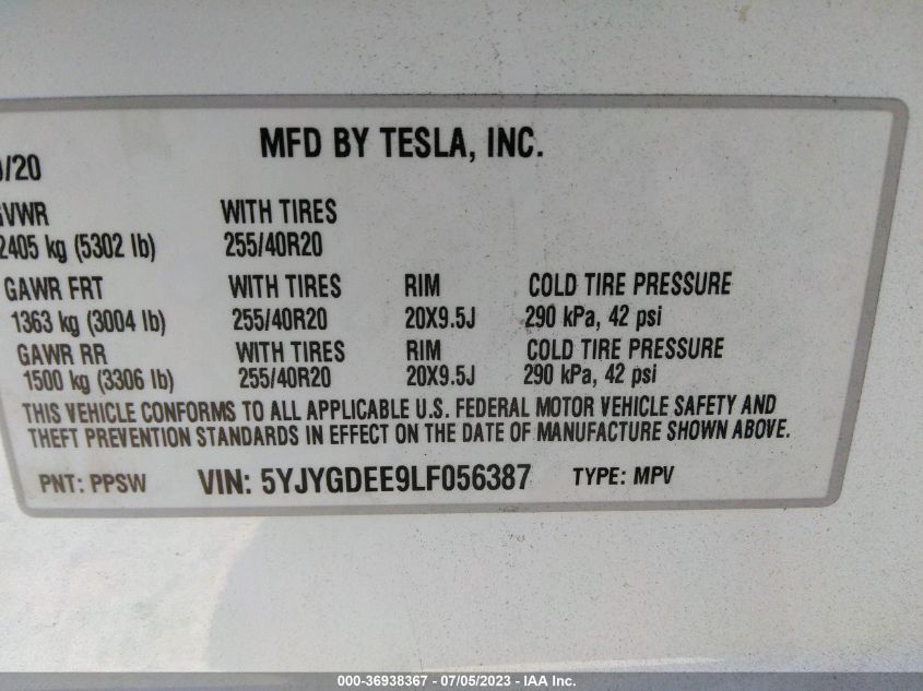 2020 TESLA MODEL Y LONG RANGE - 5YJYGDEE9LF056387