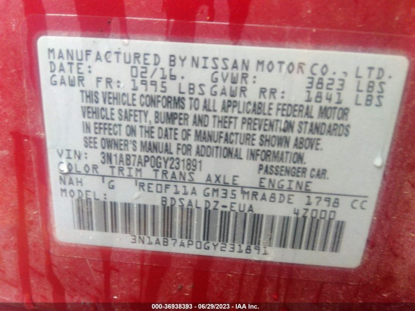 2016 NISSAN SENTRA SR/SL/S/SV/FE+ S - 3N1AB7AP0GY231891