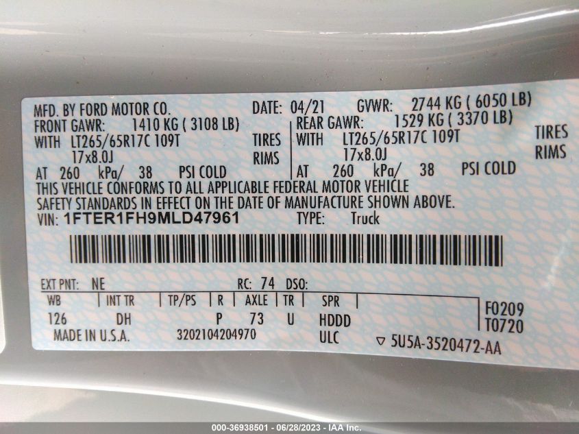 2021 FORD RANGER XL/XLT/LARIAT - 1FTER1FH9MLD47961