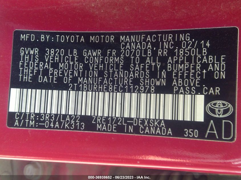 2014 TOYOTA COROLLA L/LE/S/S PLUS/LE PLUS - 2T1BURHE8EC112978