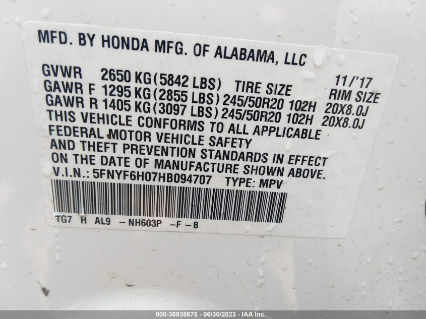 2017 HONDA PILOT ELITE - 5FNYF6H07HB094707
