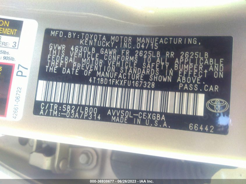 2015 TOYOTA CAMRY HYBRID LE/XLE/SE - 4T1BD1FKXFU167328
