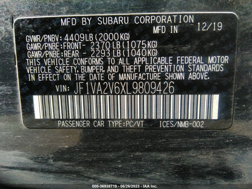 2020 SUBARU WRX STI LIMITED - JF1VA2V6XL9809426