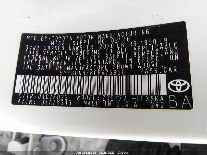 2016 TOYOTA COROLLA L/LE/S/S PLUS/LE PLUS - 5YFBURHE6GP475850