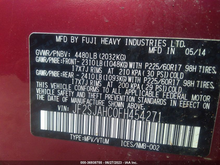 2015 SUBARU FORESTER 2.5I LIMITED - JF2SJAHC0FH454271