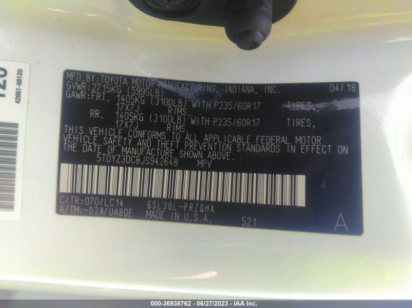 2018 TOYOTA SIENNA XLE AUTO ACCESS - 5TDYZ3DC8JS942648