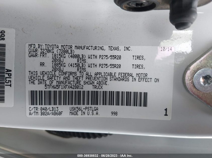 2015 TOYOTA TUNDRA 4WD TRUCK LTD - 5TFHW5F1XFX428012