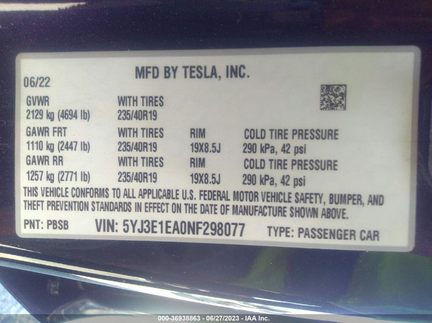 2022 TESLA MODEL 3 - 5YJ3E1EA0NF298077