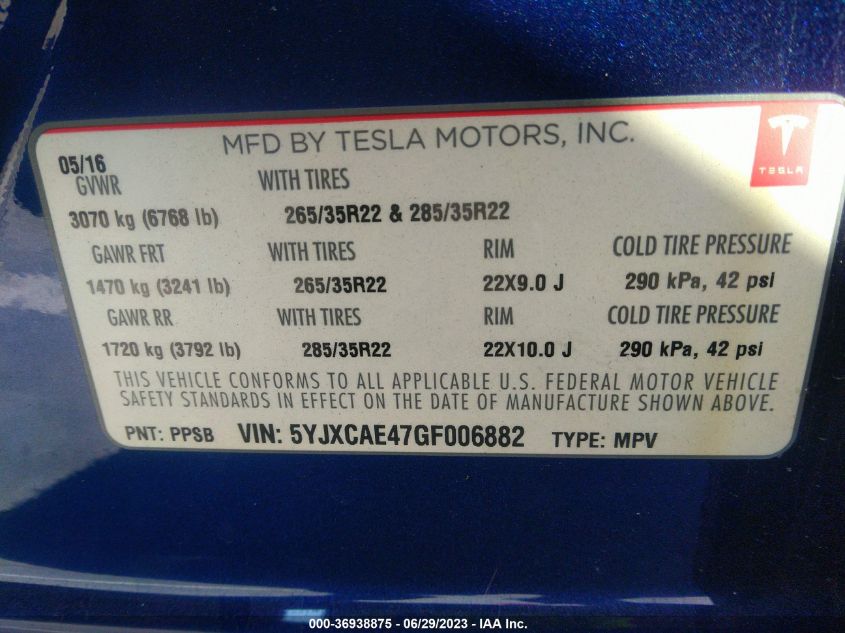 2016 TESLA MODEL X P90D/60D/P100D - 5YJXCAE47GF006882