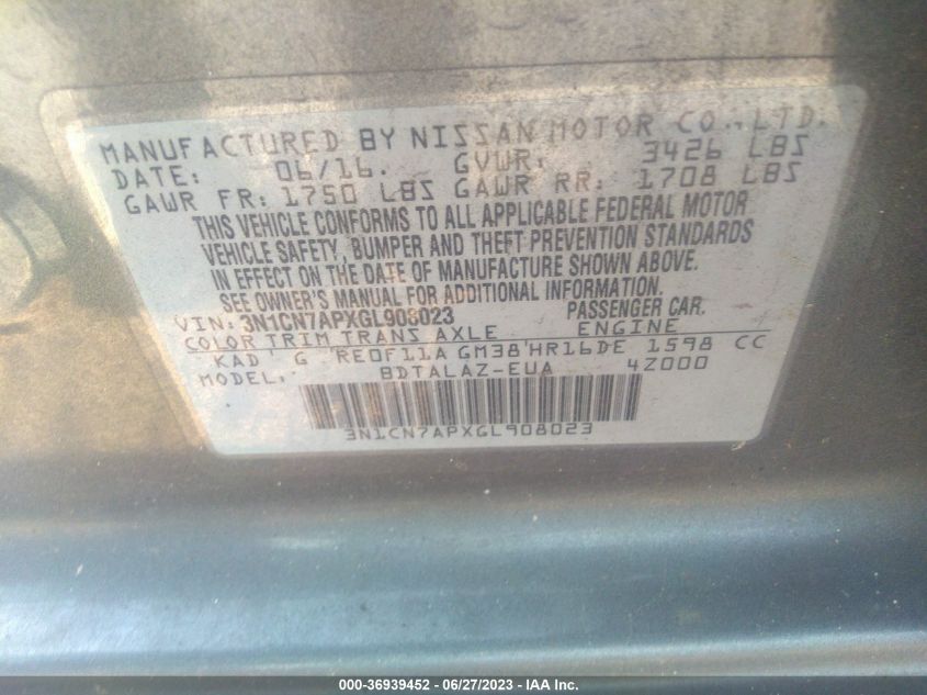 2016 NISSAN VERSA S PLUS - 3N1CN7APXGL908023