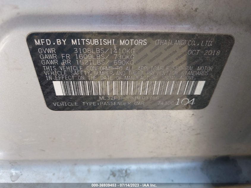 2019 MITSUBISHI MIRAGE G4 ES/RF - ML32F3FJ0KHF03756