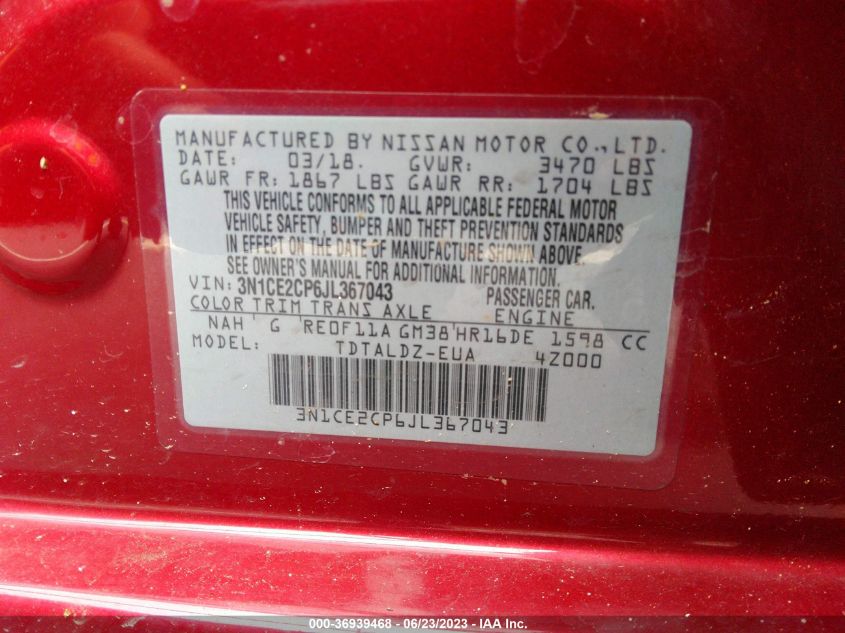2018 NISSAN VERSA NOTE SV - 3N1CE2CP6JL367043