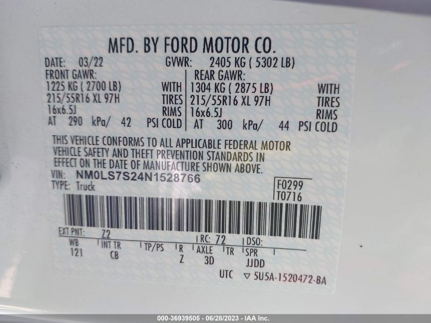 2022 FORD TRANSIT CONNECT VAN XL - NM0LS7S24N1528766
