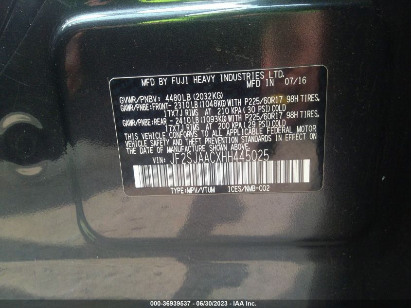 2017 SUBARU FORESTER - JF2SJAACXHH445025