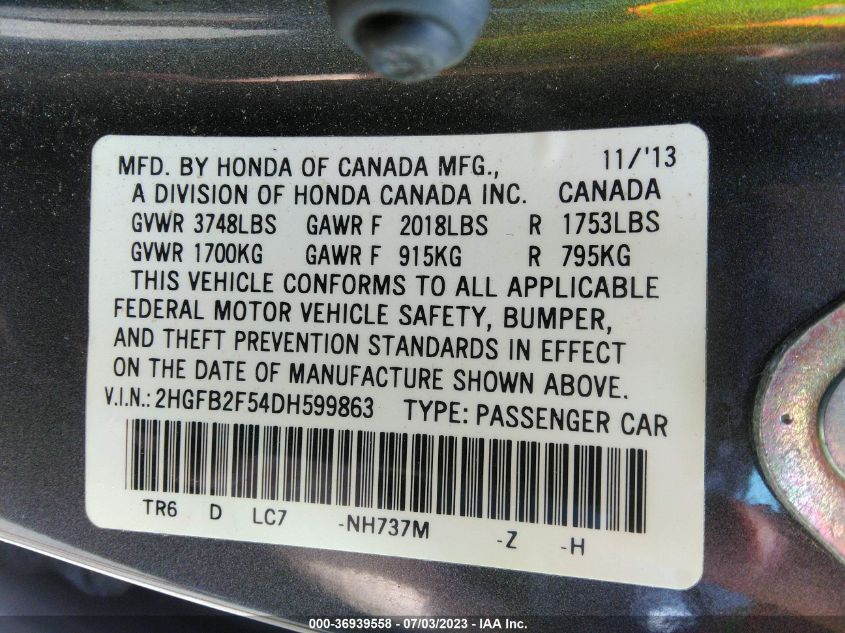 2013 HONDA CIVIC SDN LX - 2HGFB2F54DH599863