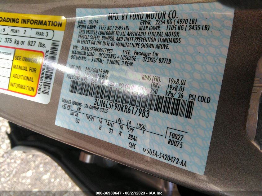 2019 LINCOLN MKZ RESERVE II - 3LN6L5F90KR617983