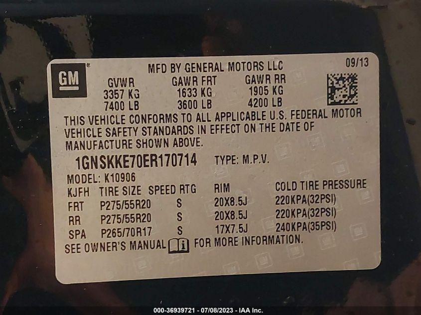 2014 CHEVROLET SUBURBAN LTZ - 1GNSKKE70ER170714