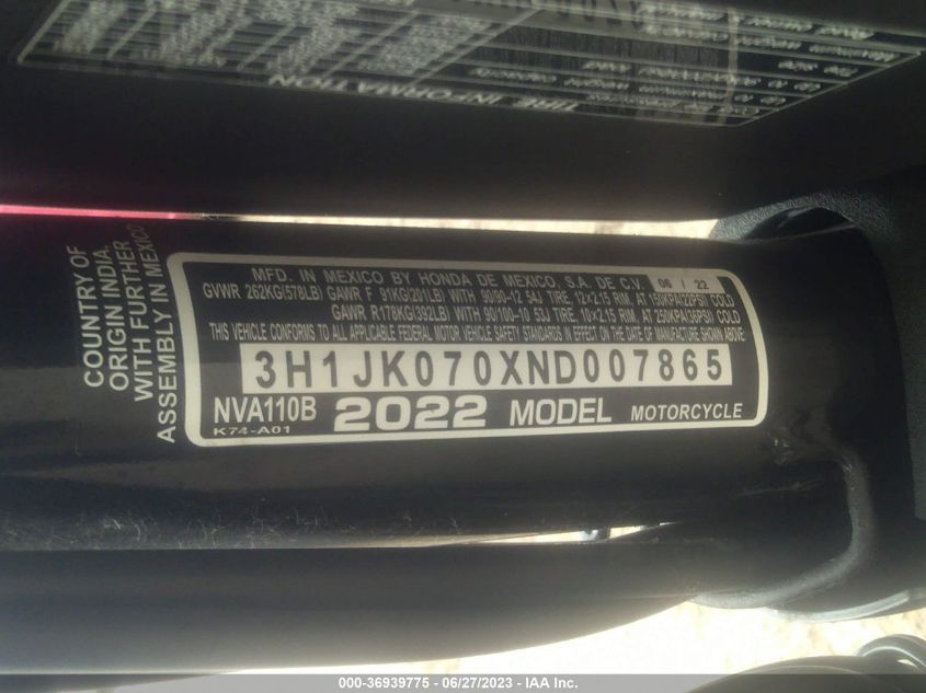 2022 HONDA NVA110 B - 3H1JK070XND007865