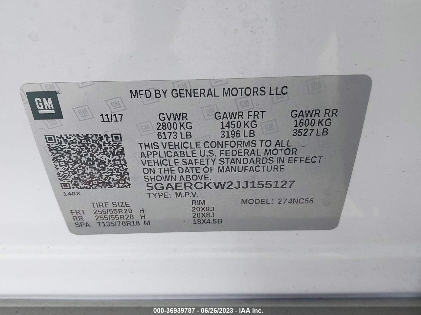 2018 BUICK ENCLAVE PREMIUM - 5GAERCKW2JJ155127