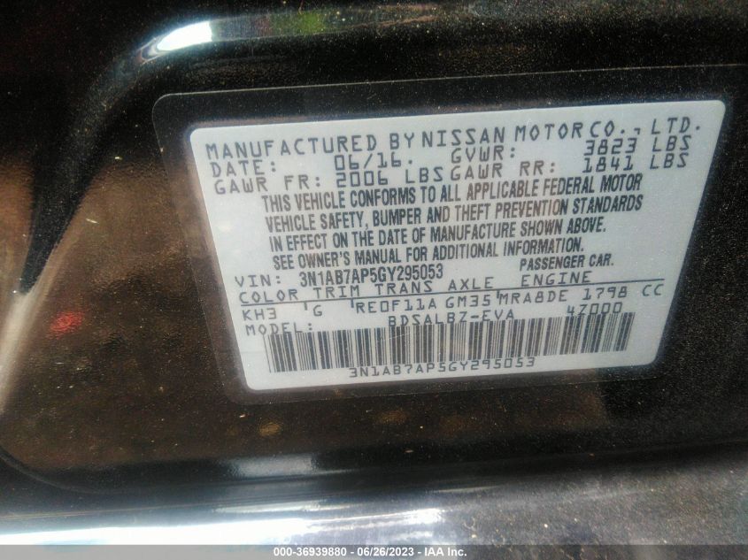 2016 NISSAN SENTRA SR/SL/S/SV/FE  S - 3N1AB7AP5GY295053