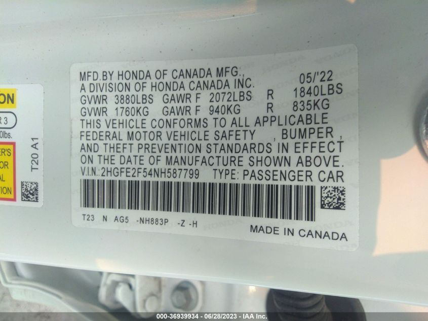 2022 HONDA CIVIC SEDAN SPORT - 2HGFE2F54NH587799