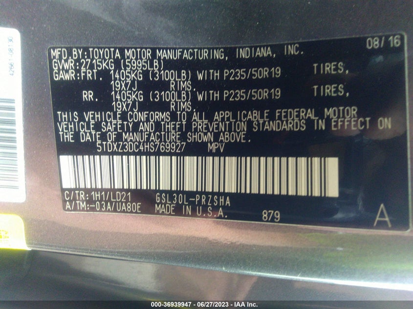 VIN 5TDXZ3DC4HS769927 2017 TOYOTA SIENNA SE