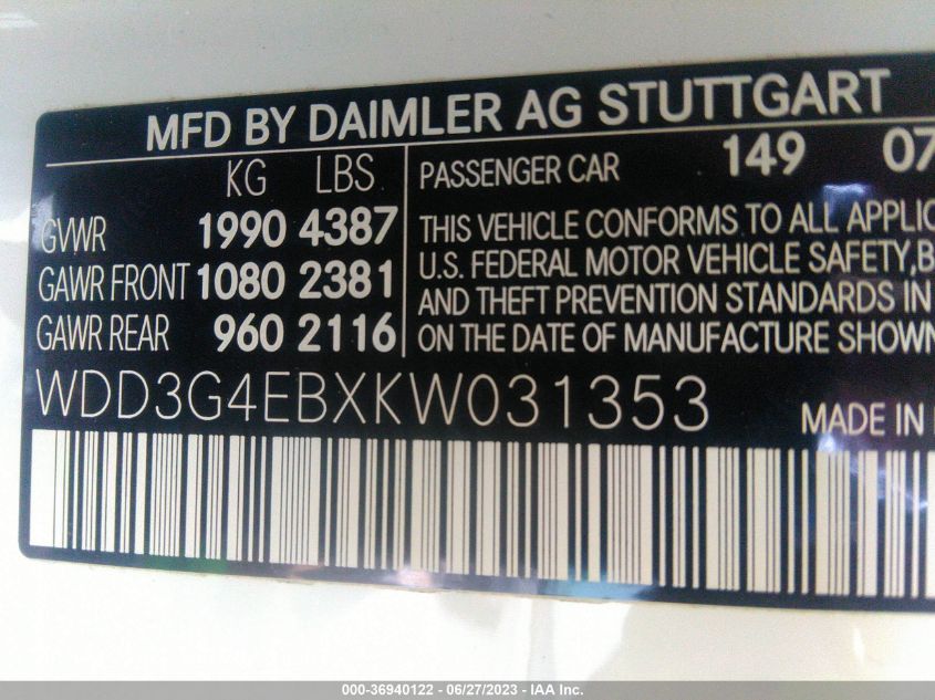 2019 MERCEDES-BENZ A-CLASS A 220 WDD3G4EBXKW031353