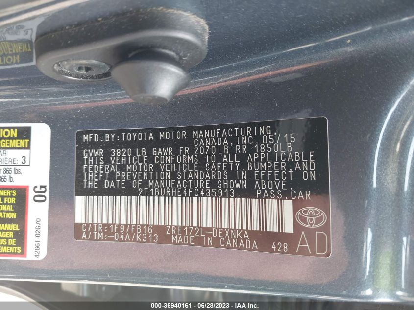 2015 TOYOTA COROLLA L/LE/LE PLS/PRM/S/S PLS - 2T1BURHE4FC435913