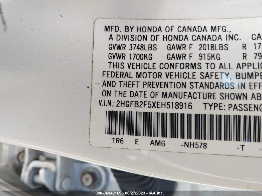 2014 HONDA CIVIC SEDAN LX - 2HGFB2F5XEH518916