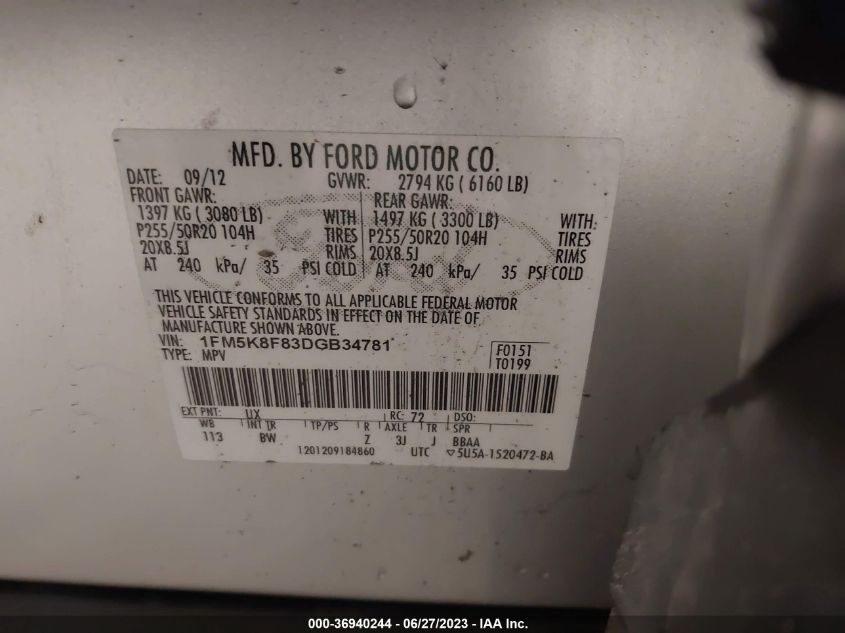 2013 FORD EXPLORER LIMITED - 1FM5K8F83DGB34781