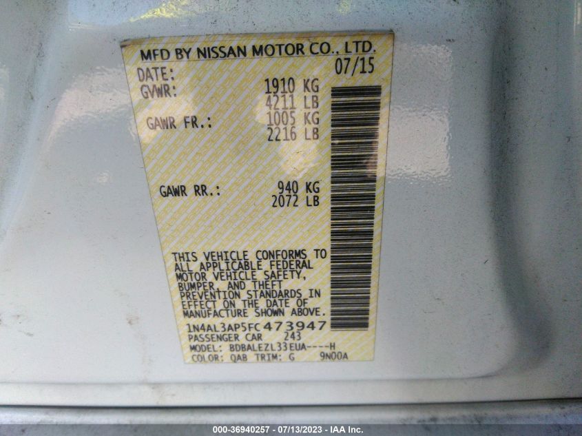 2015 NISSAN ALTIMA 2.5 S - 1N4AL3AP5FC473947