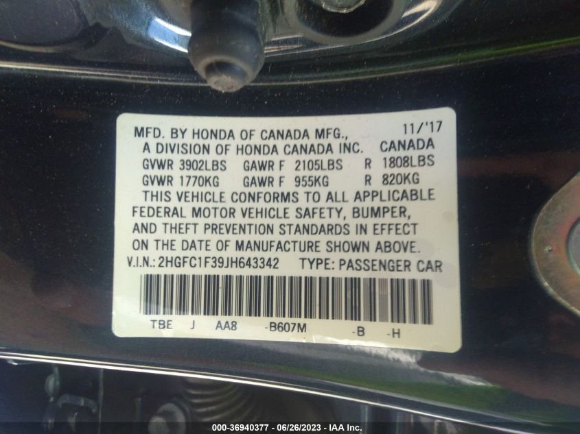2018 HONDA CIVIC SEDAN EX-T - 2HGFC1F39JH643342