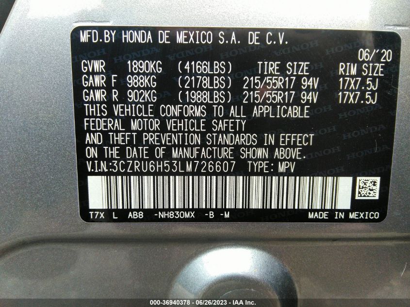2020 HONDA HR-V EX - 3CZRU6H53LM726607