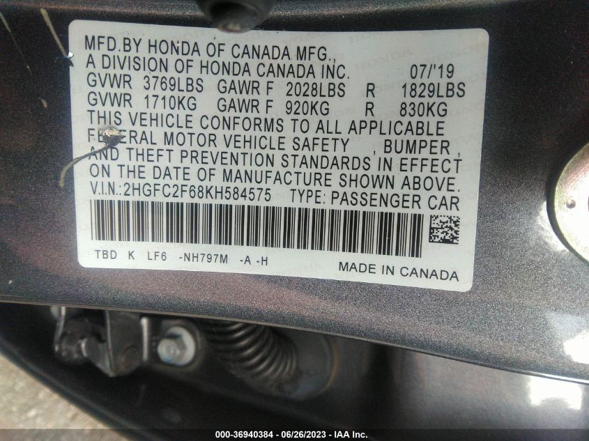 2HGFC2F68KH584575 Honda Civic Sedan LX 9