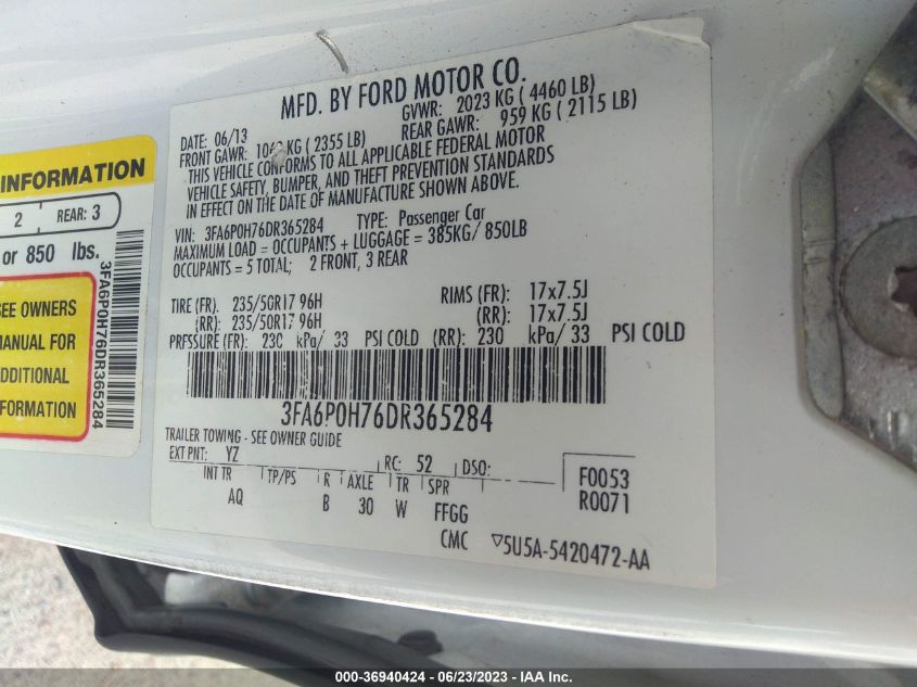 2013 FORD FUSION SE - 3FA6P0H76DR365284