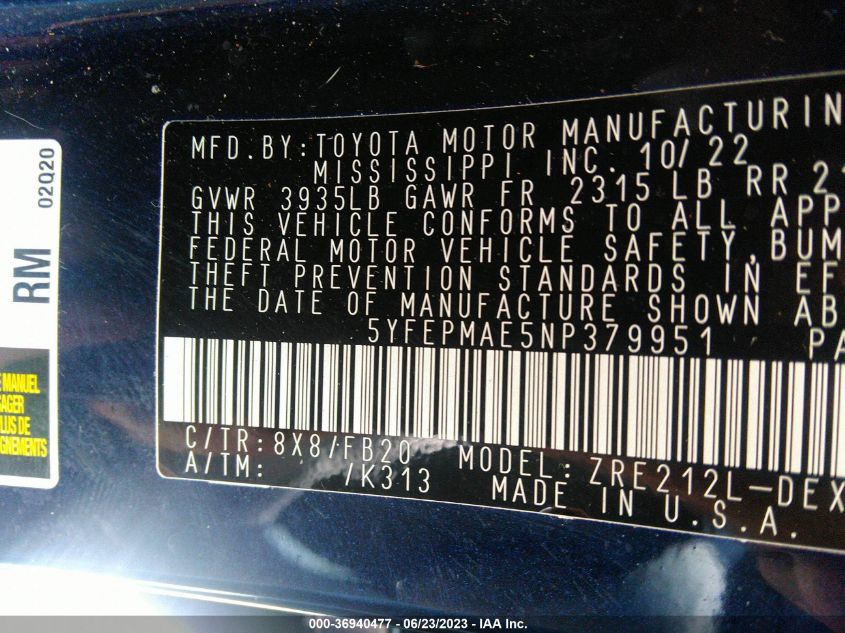 2022 TOYOTA COROLLA LE - 5YFEPMAE5NP379951