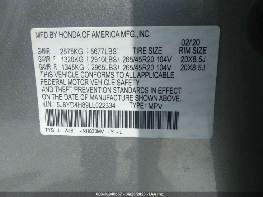 2020 ACURA MDX W/ADVANCE PKG - 5J8YD4H89LL022334