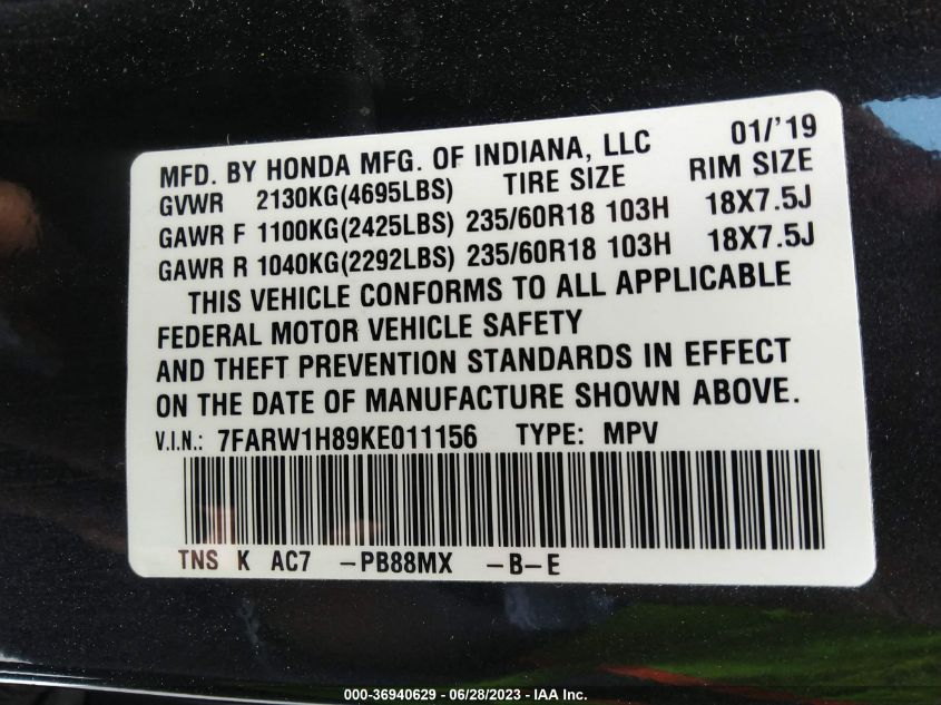 2019 HONDA CR-V EX-L - 7FARW1H89KE011156