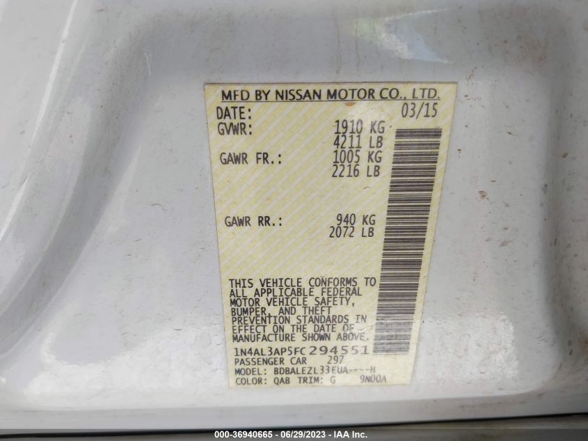 2015 NISSAN ALTIMA 2.5 S - 1N4AL3AP5FC294551