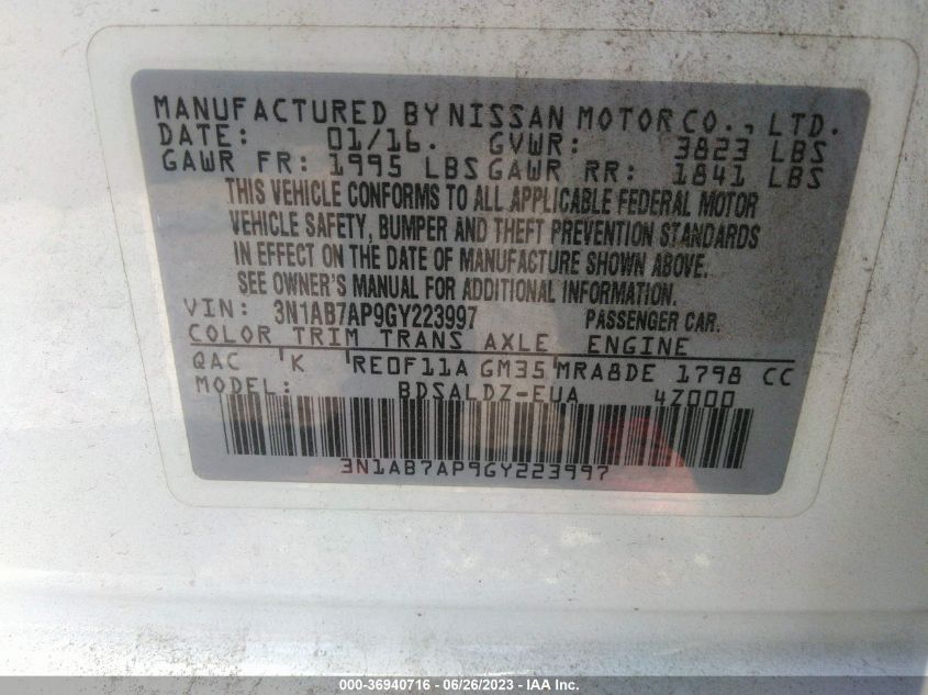 2016 NISSAN SENTRA SV - 3N1AB7AP9GY223997
