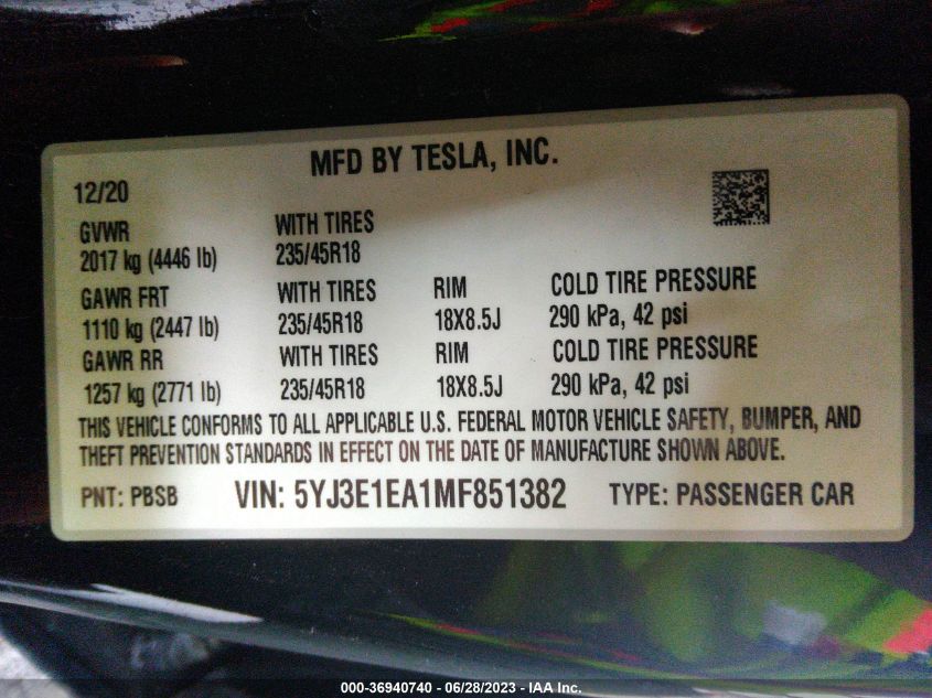 2021 TESLA MODEL 3 STANDARD RANGE PLUS - 5YJ3E1EA1MF851382