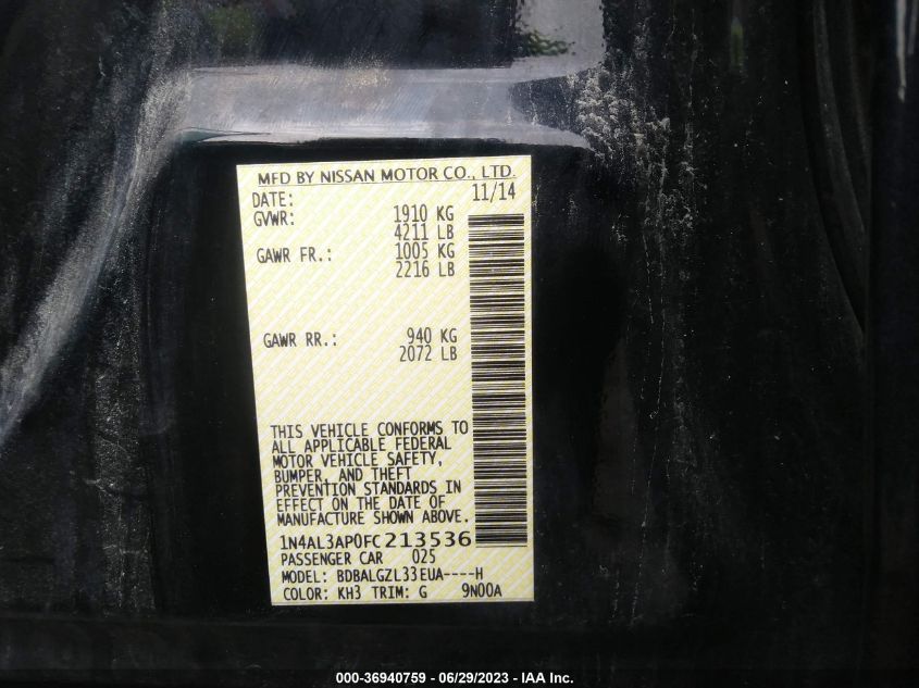 2015 NISSAN ALTIMA 2.5 S - 1N4AL3AP0FC213536