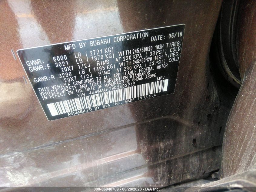 2019 SUBARU ASCENT LIMITED - 4S4WMAPD9K3403212